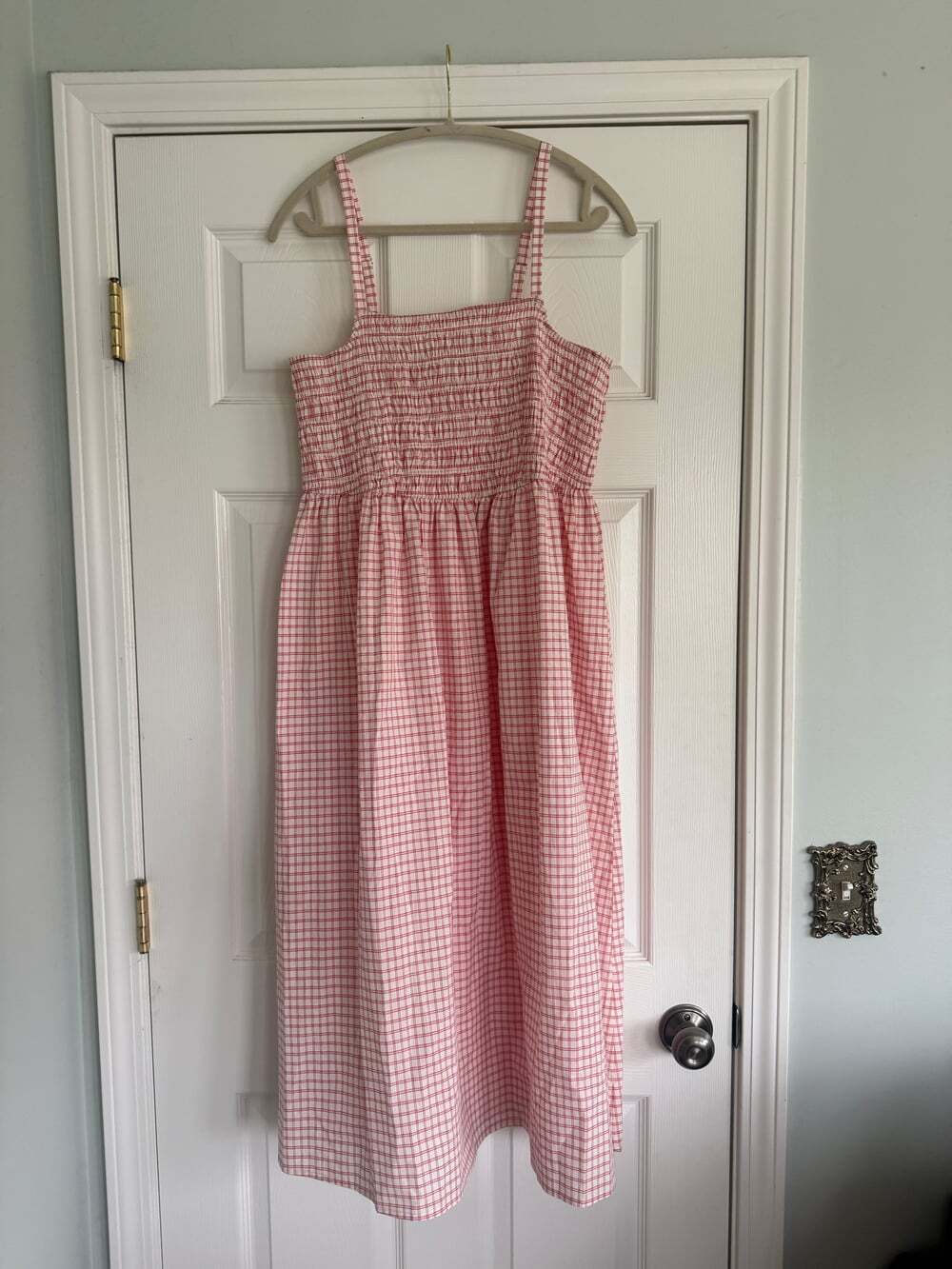 Solid & Striped Pink Gingham Smocked Maxi Sundress Womens L Summer Beach Dress